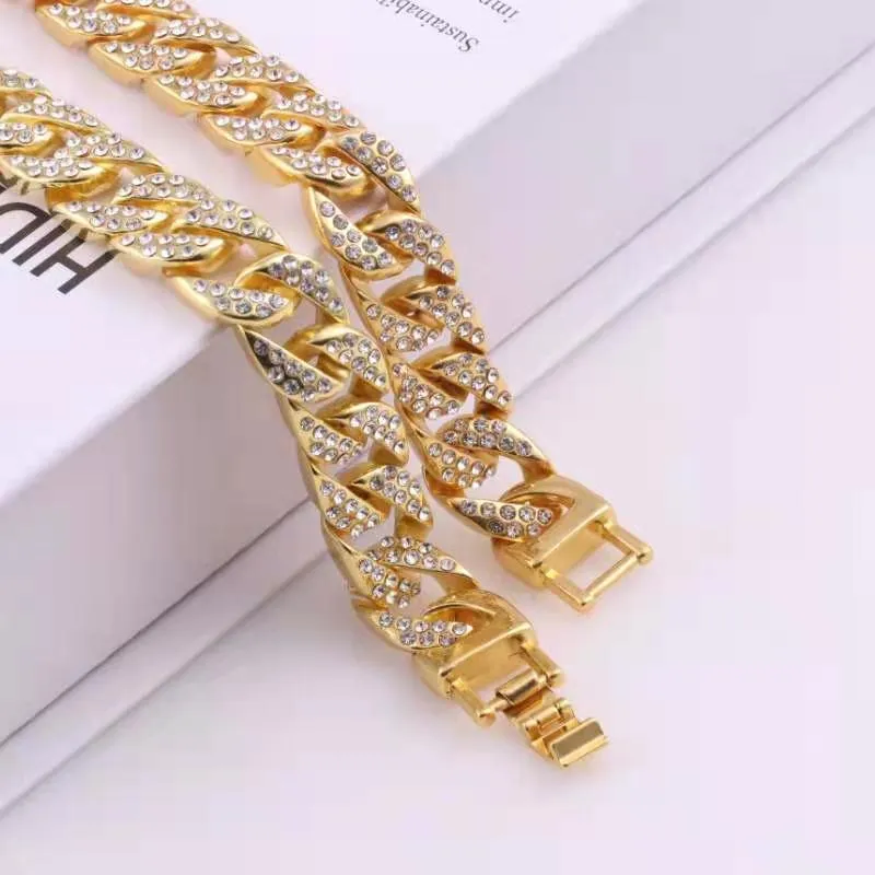 Kedjor Rapper Hip Hop Iced Out Paled Rhinestone 15mm Miami Curb Cuban Link Chain Gold Sliver Halsband för män Kvinnliga smycken Set C2022