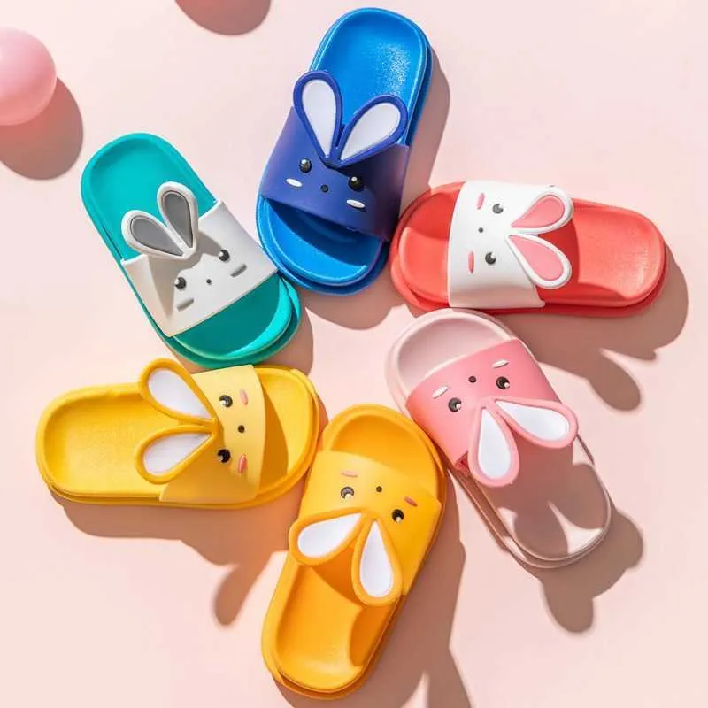 Cute Summer Shoes Kids Slippers for Girls Boys Cartoon Rabbit Slides Home Indoor Outdoor Children Slippers PVC Flat Soft Sole 210713