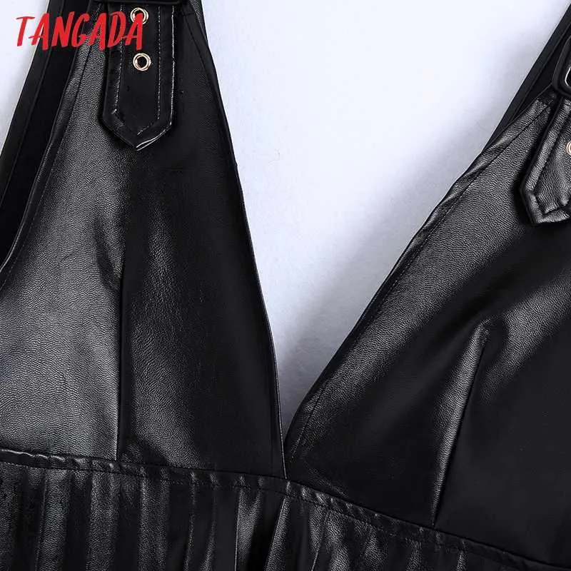 Tangada mode femmes noir Faux cuir robe sangle sans manches dames automne hiver tunique Mini robe Vestidos BE44 210609