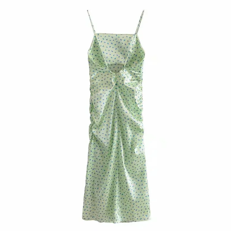 Slip Abito Lungo Donna Verde Raso Floreale Midi Donna Backless Increspato Sexy es Ladies Strap Party es 210519