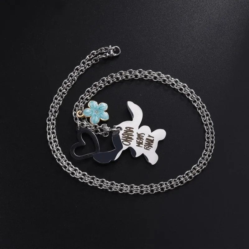 Colliers de pendentif Collier de point d'anime harong ohana signifie caricature familiale Blue Crystal Heart Bijoux pour garçons Girls209n