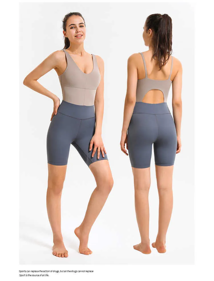 Sexy rückenfreie Yoga-Overalls enge Sport-Sets Sportbekleidung Dodysuit elastische Strampler mit Pads Workout-Athletikanzug 210802