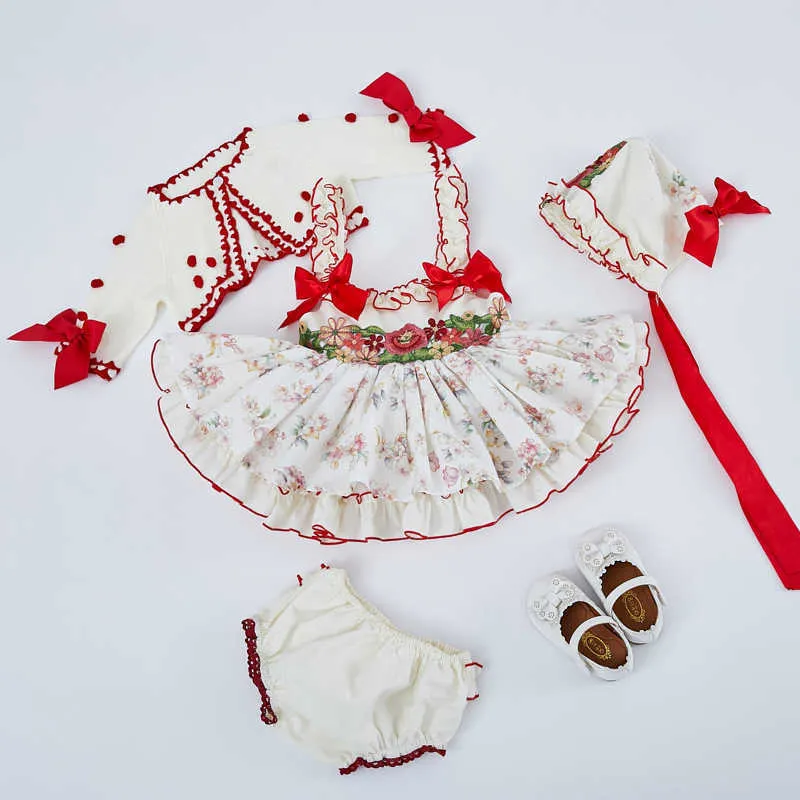 4 Sztuk Dziewczynka Kwiatowy Vintage Hiszpańska Suknia Balowa Jesień Zima Toddler Lolita Princess Dress na przyjęcie urodzinowe 210615