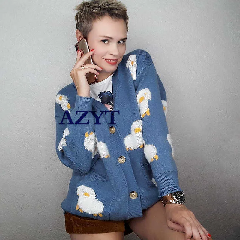 Sonbahar Örgü Kadın Hırka Gevşek Streetwear Kazak Ceket Sevimli Karikatür Baskı V Boyun Örme Hırka Kadın Ceket 211018