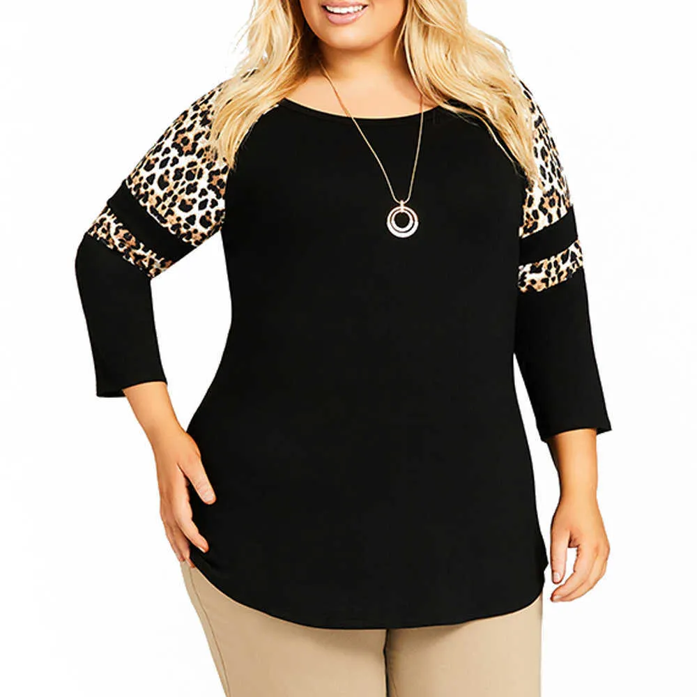 Vendita T-shirt con stampa leopardo Donna Autunno T-shirt a tre maniche Femme Plus Size Tshirt Top Ladies Patchwork Tee camisetas D30 Y0629