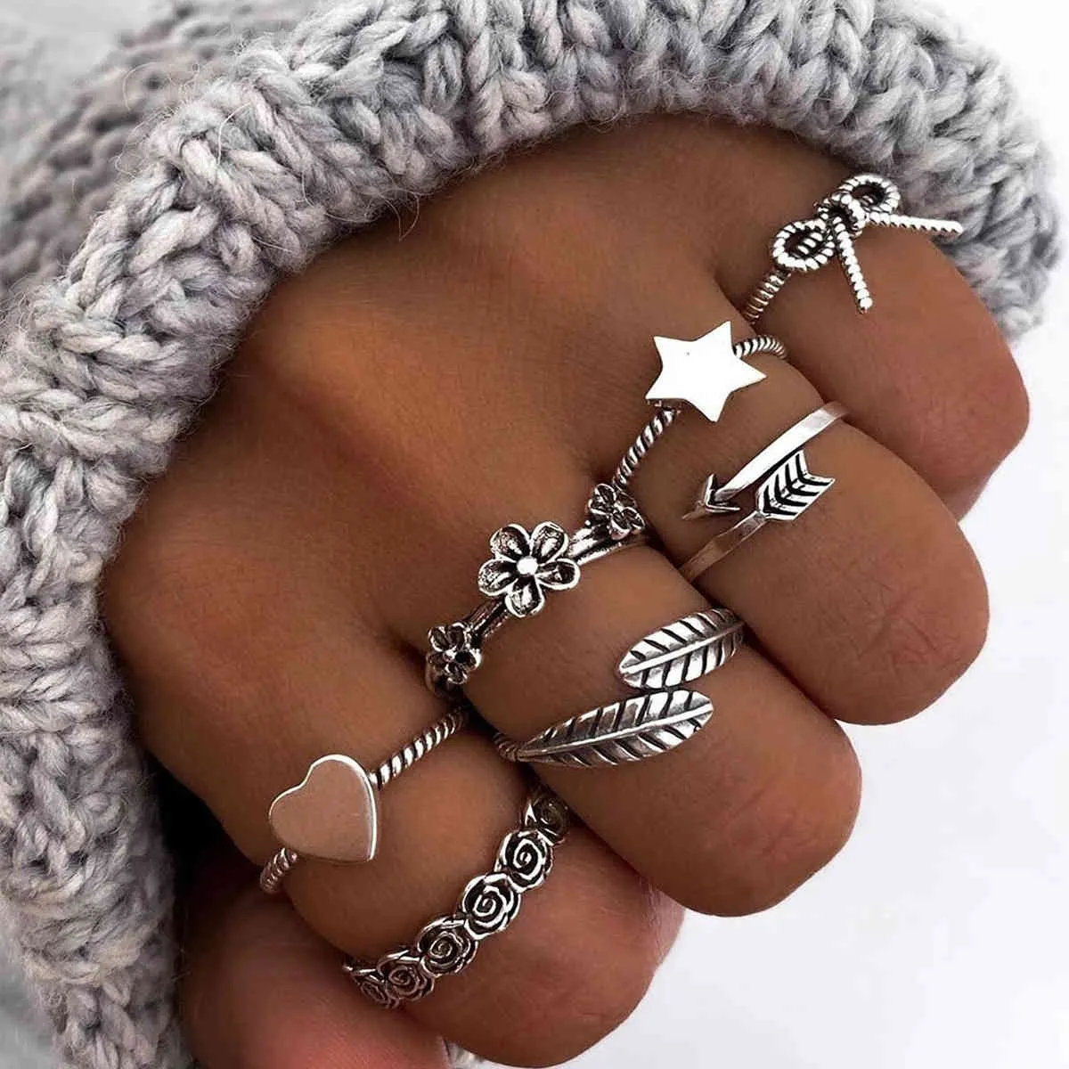 Jewelry bow love five pointed star flower arrow leaf ring set 