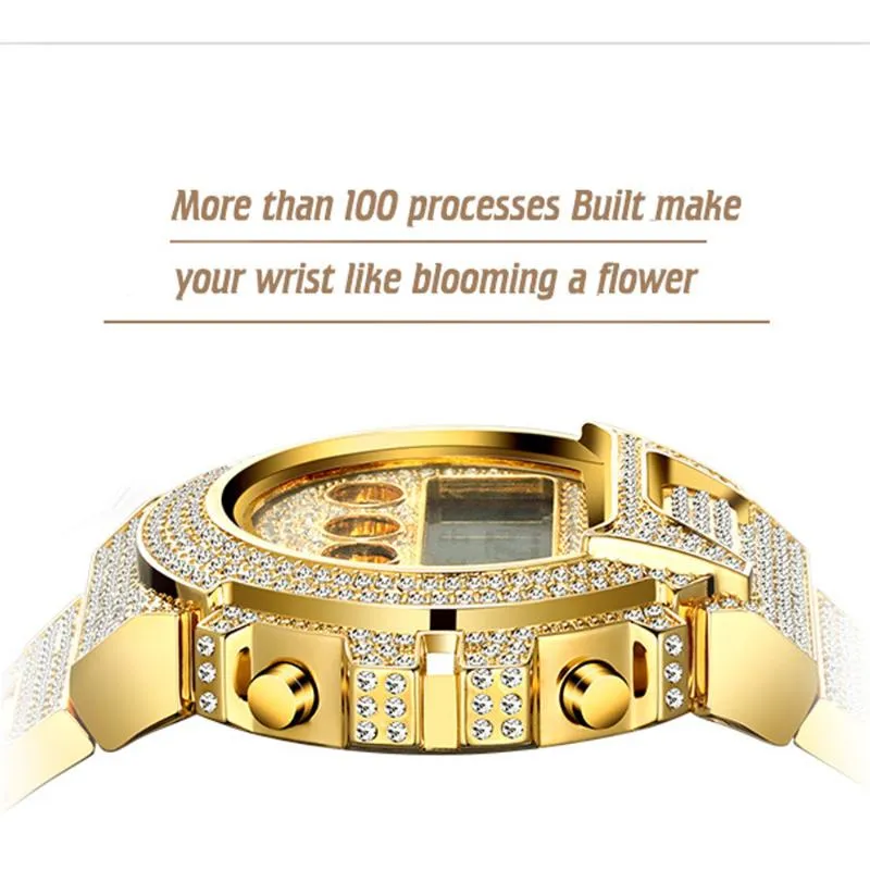 Iced Out Diamant Uhr Männer Luxus LED Digital Herrenuhren Wasserdichte Sport Armbanduhr Mann Mode 18 Karat Gold Stahl Männliche Uhr Wris281q