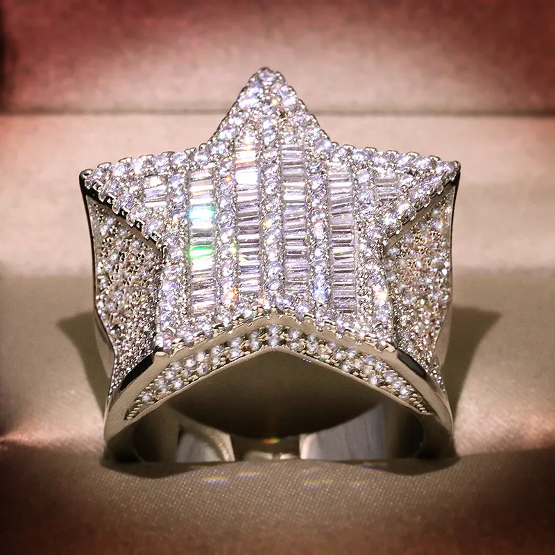 Mens Gold Ring Stones isade ut femspetsiga stjärna mode hiphop silver ringar smycken192k