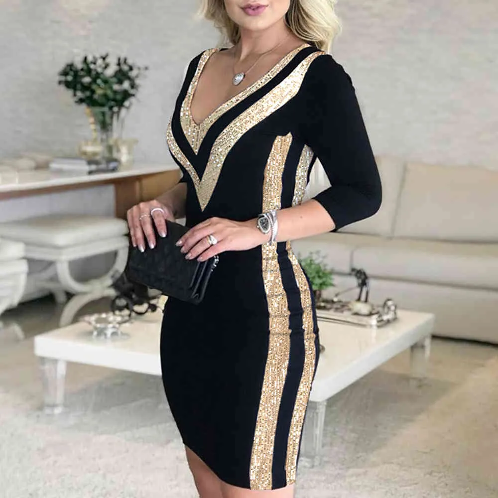 Bodycon Sexy Deep V Party Dress Woman Golden Sequins 3/4 Ärm Mini Klänningar för Kvinnor Höst D30 210331