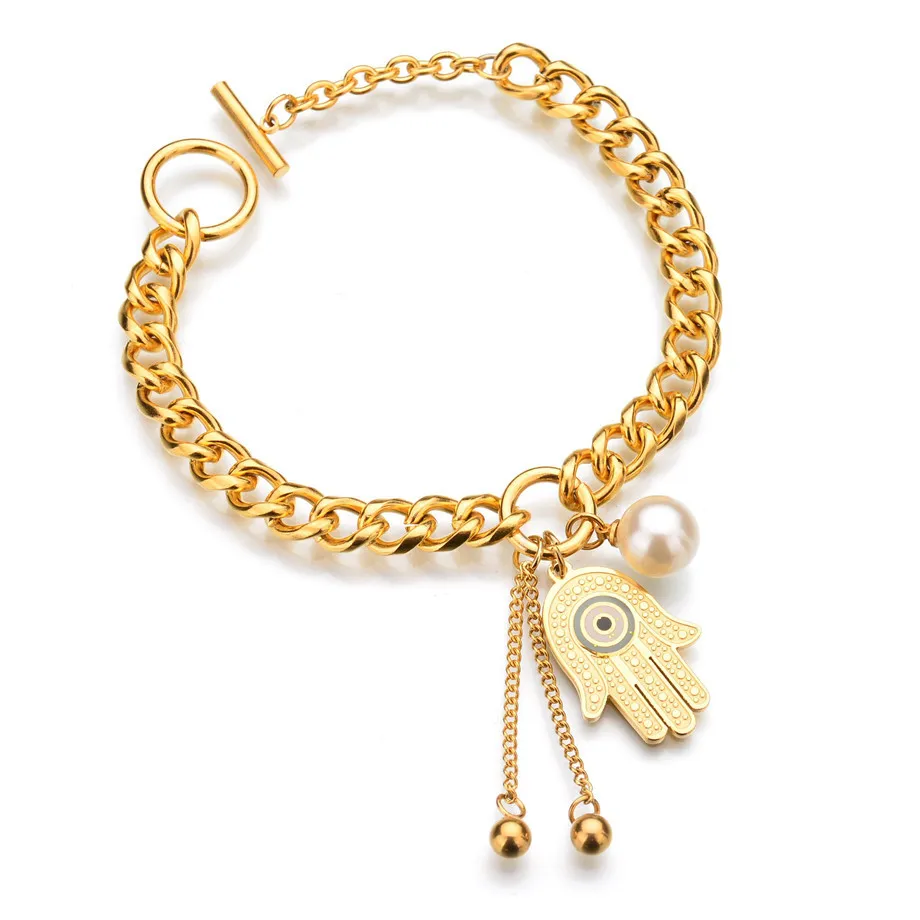 Evil Eye Hand of Fatima Bracelet Bangles Fashion Gold Color Stainless Steel Charm Bracelets Women Jewelry Braclets 2019