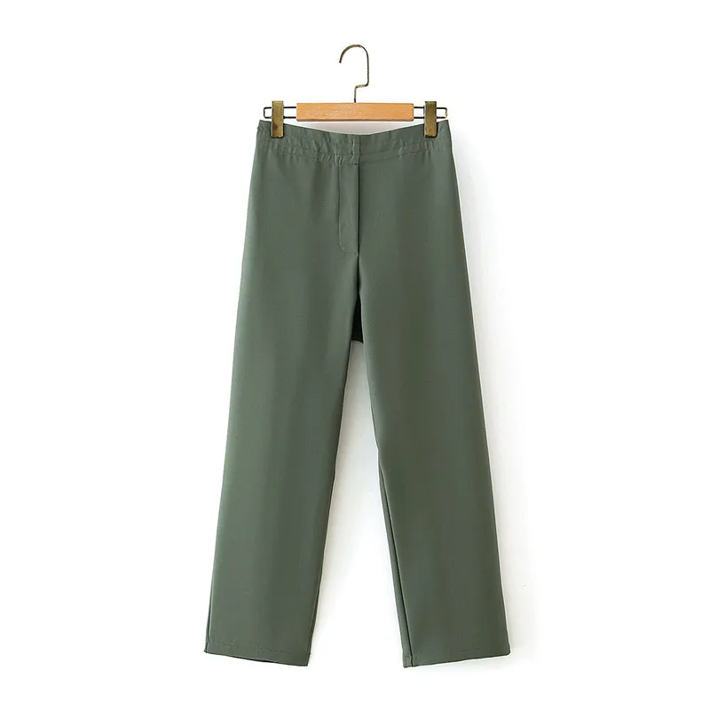 Femmes décontracté solide costume automne cheville-longueur pantalon élastique taille haute vert longue ligne droite bureau dame 210421