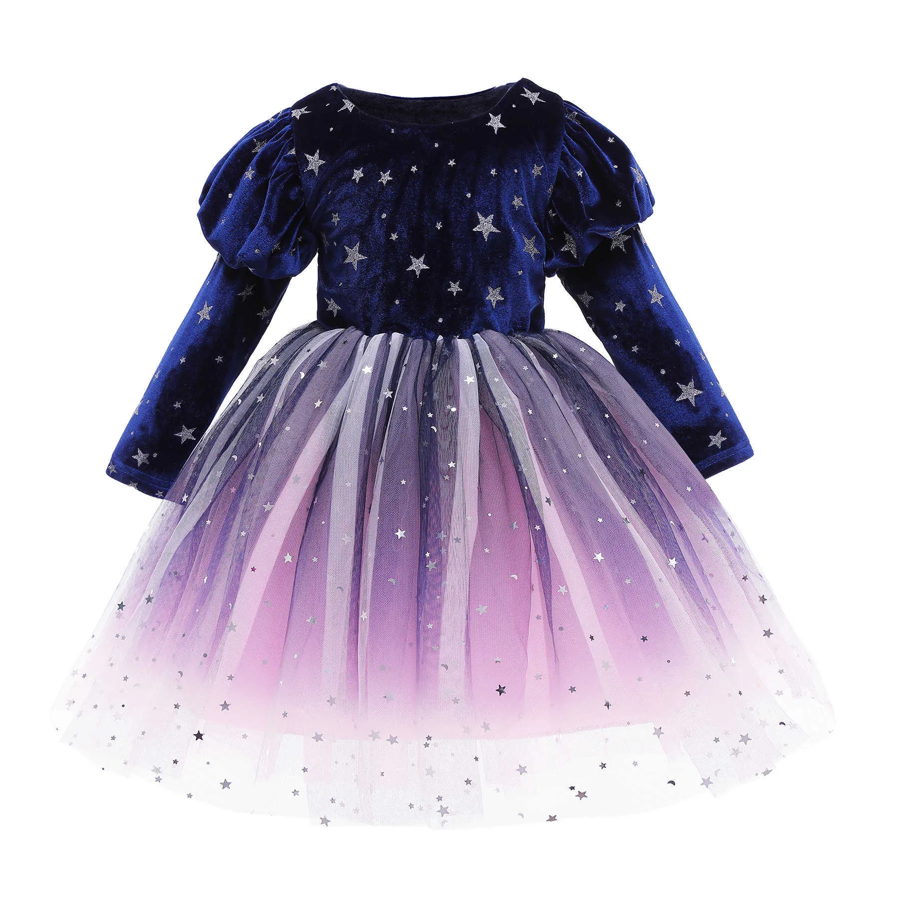 Flickor Sparkle Stjärnor Velevet Princess Dress Barn Puff Långärmad Sequins Fluffy Tulle Spring Ins Fashion Clothing 210529