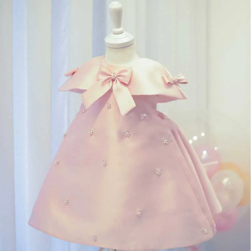 Girls Elegant Dresses For Baby Children Princess Flower Girl Pearl Bow Kids Formal Wedding Party Christening Ball Gown 210615