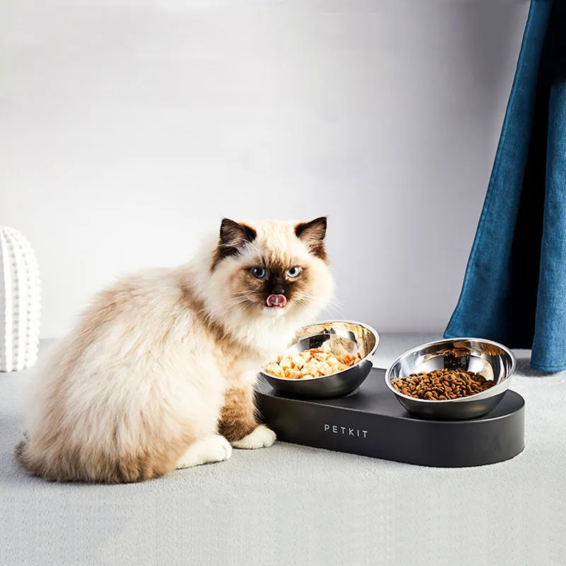 Petkit acier inoxydable chien chat Double bols réglable anti-dérapant nourriture bol d'eau mangeoire Pour animaux de compagnie alimentation Gamelle Pour Chat273B
