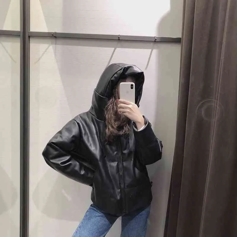 Chaqueta de invierno Mujer Parka Vintage Cuero Negro S Abrigos Streetwear Femenino Puffer Abrigo con capucha coreano 210521