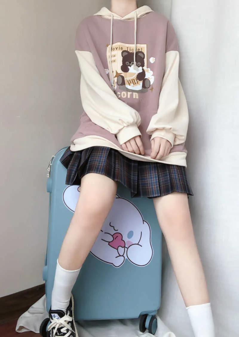 Hoodies japoneses de outono e inverno para adolescentes meninas estudante kawaii lolita hoodie cor combinando tendência gótica solta 210803