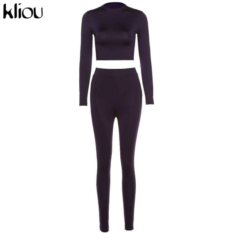 Kliou Deux Pièces Ensembles Femmes Solide Automne Survêtements Taille Haute Stretchy Sportswear Hot Crop Tops Et Leggings Tenues Assorties Y0625