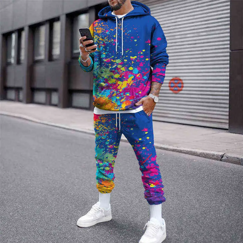 Autumn Winter Men's Set Warm Splash-Ink Print Casual Long Sleeve Oversize Hoodie Sweater Top+Sweatpant Tracksuit Outfit G1209