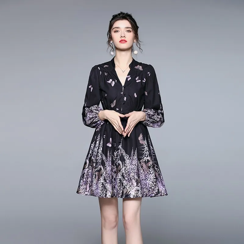 Sommar Elegant Single-Breasted Butterfly Printing Kvinnor Slim Lantern Sleeve V Neck Work Casual Party Dresses Female Vestido 210514