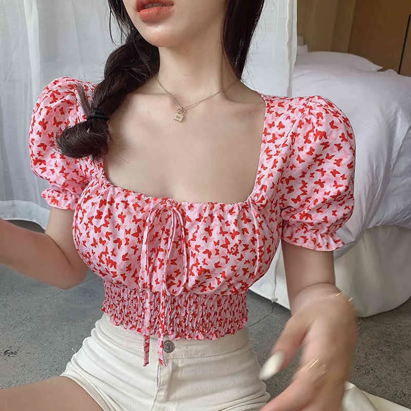 Chic Coreano Verão Doce Sexy Neck Norce Puff Manga Curta Floral Crop Tops Camisas Blusas Blusas Mujer Fashion Gentle 210429