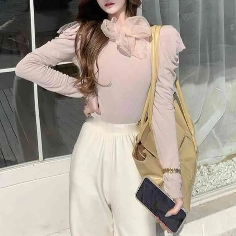 Ezgaga Magliette eleganti da donna Bowknot rimovibile manica a sbuffo sottile tutto-fiammifero base solida Office Lady magliette coreane moda top 210430