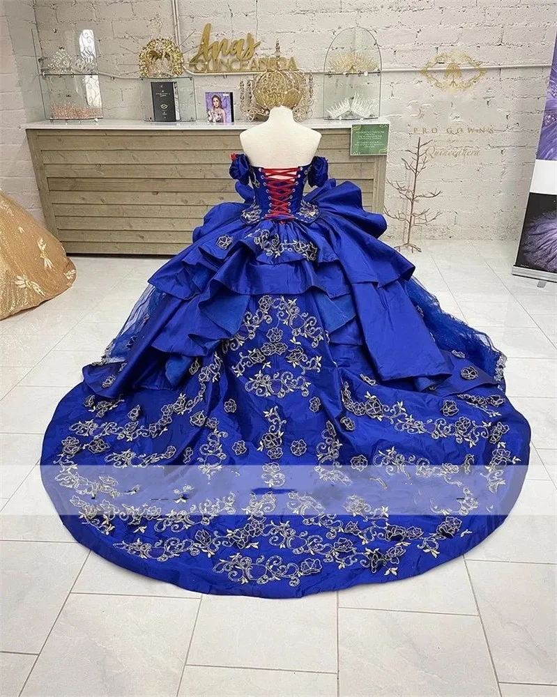 Robes De Quinceanera bleu foncé Satin perles paillettes chérie manches longues formelle fête robes De bal robes De 15 A os307A