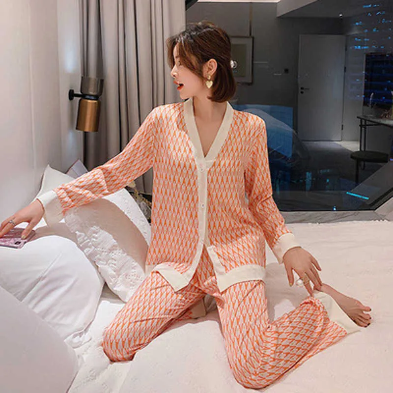 Fiklyc Damen-Pyjama-Set mit V-Ausschnitt, luxuriöses Kreuzbuchstaben-Druck-Nachtwäsche, Seide wie Heimkleidung, Nachtwäsche, Satin-Pyjama-Sets 210830