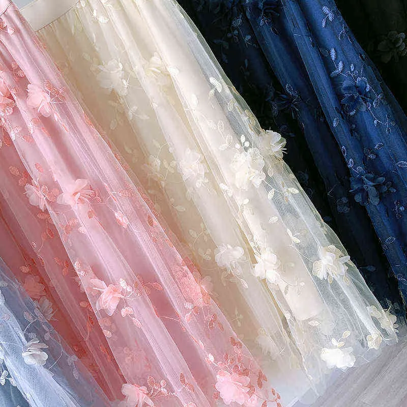 Jupes femme 2021 Style coréen Mode taille élastique Appliques broderie jupe en maille florale longue gaze robe de bal jupe G220309