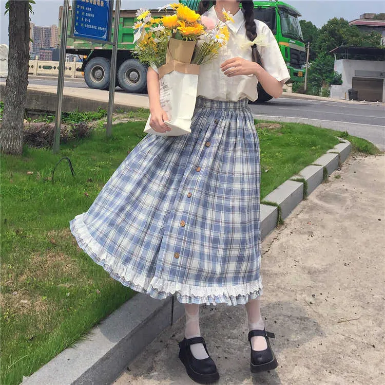 Japanse lolita stijl zomer vrouwen rok hoge taille vintage plaid knoppen elegante ruches schattige kawaii midi preppy s 210629