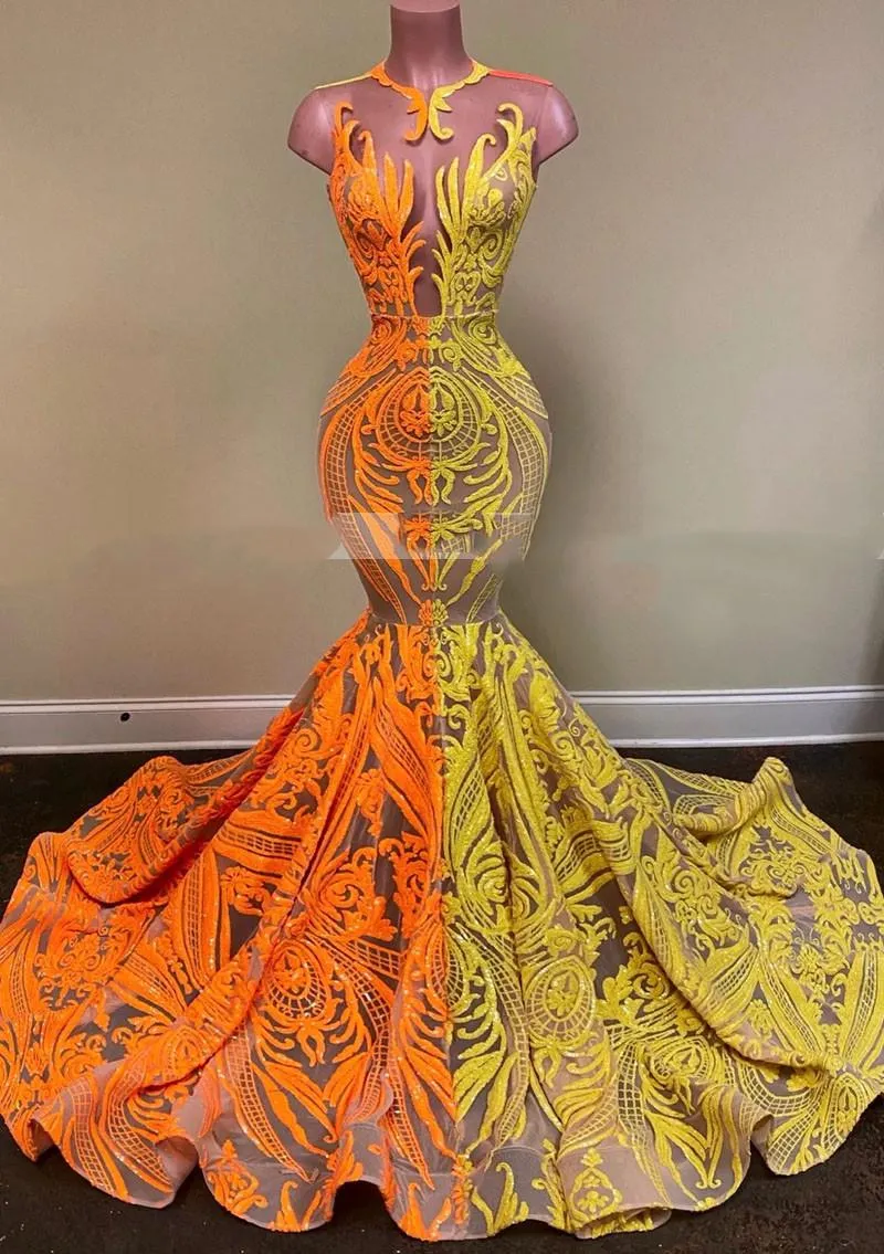 Długie eleganckie sukienki balowe 2022 Sheer O-Neck Orange and Yellow Sequin African Women Black Girls Mermaid Evening Party Suknie DD281T