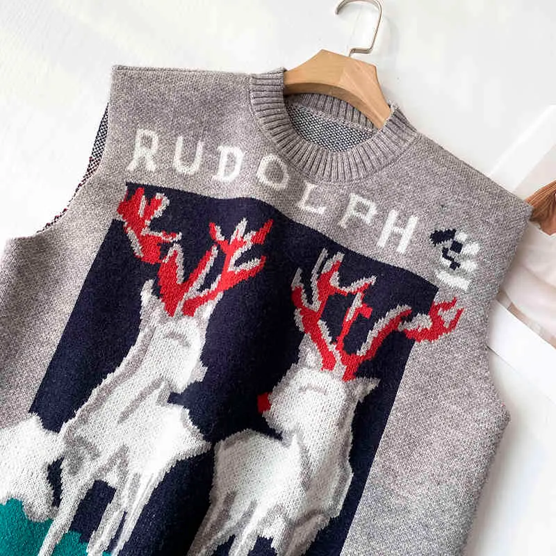 H.SA Women Sweater Vest Sleeveless Catroon Christmas Knitted Vests Oneck Deer Printed Korean 210417