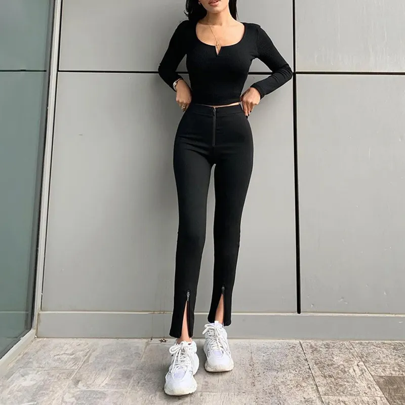 Goth Women Sexy High Waist Black Solid Split Slim Pants Summer Fashion Street Stright Trousers Night Clubwear 210517