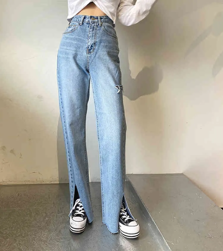Vintage Damen Denim Hosen Side Split Hohe Taille Modische Lose Jeans Weibliche Ganzkörperhose 210428