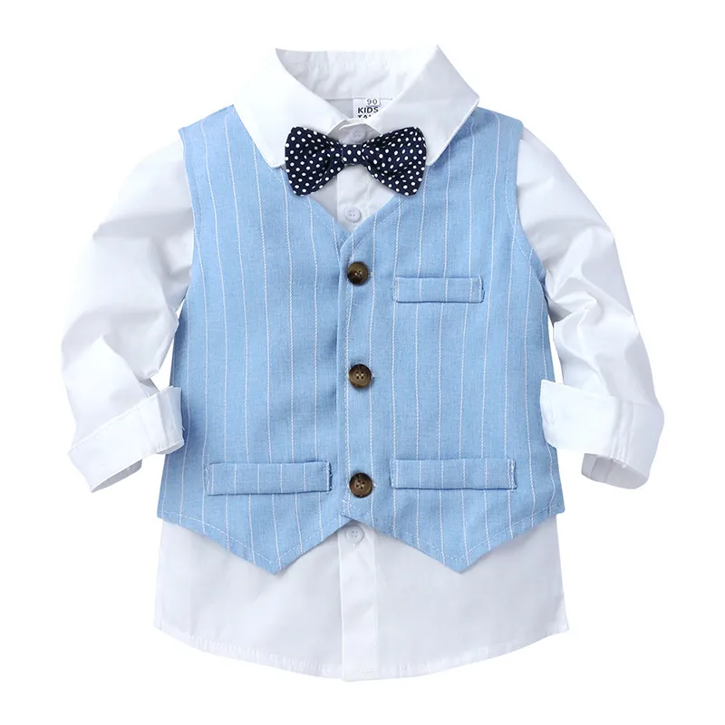 Frühling Jungen Tops Hosen Sets Kinder Streifen Weste Hemden Kinder Anzüge Outfits Baby Smoking 210413