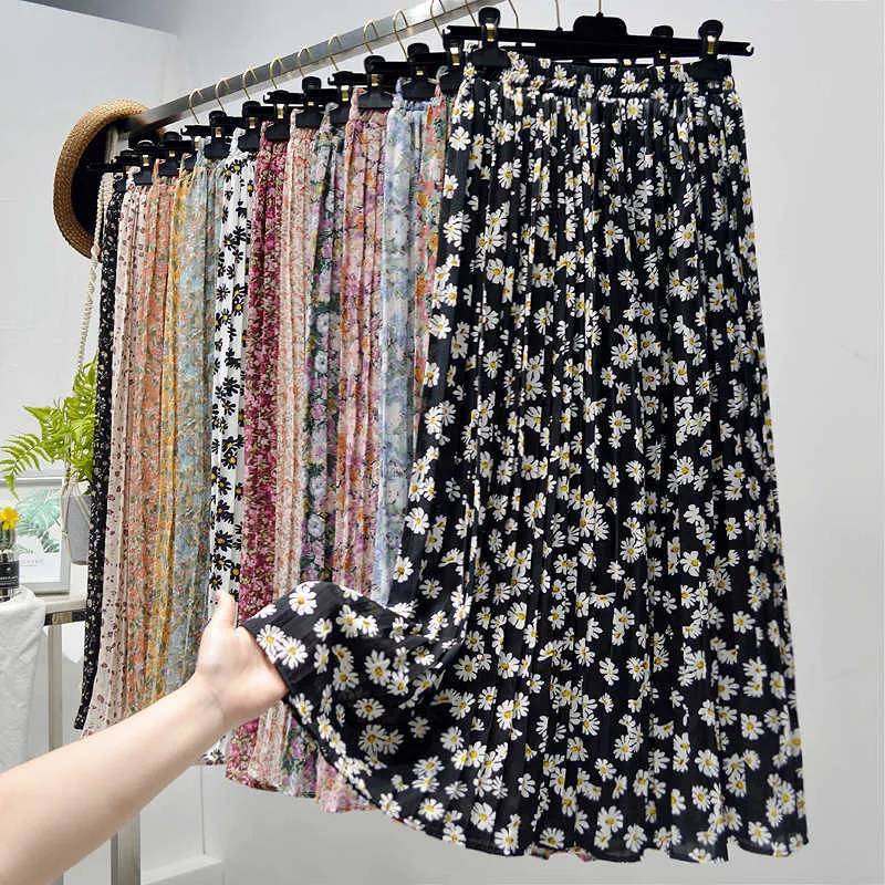 Summer Skirts Womens Vintage Floral Print Chiffon Pleated Elastic High Waist Casual Midi Women Clothes Jupe 210629