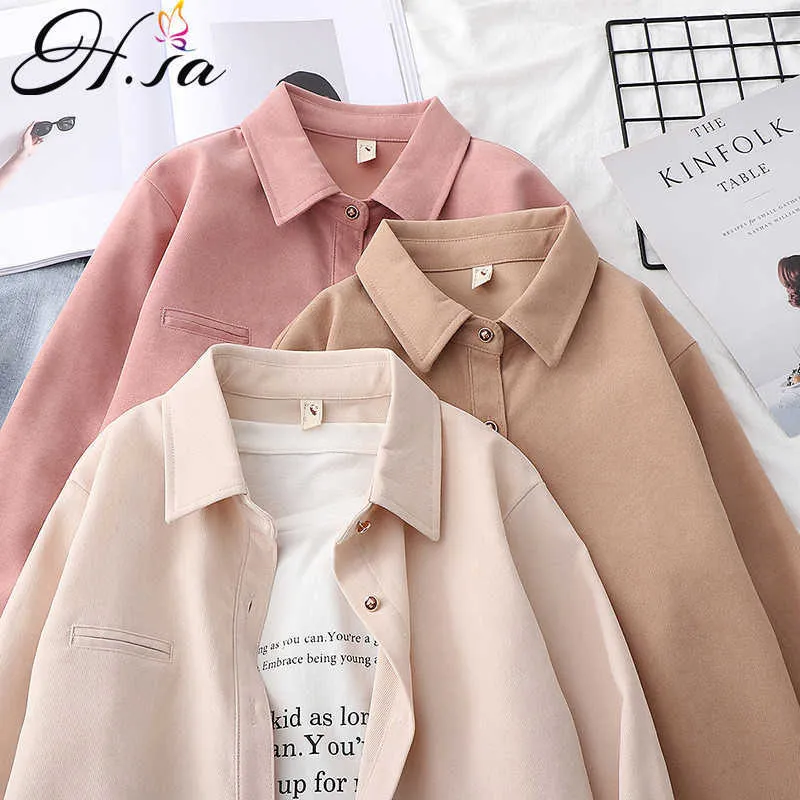 Hsa blouse dames witte shirt met lange mouwen veer chemise femme twill blusas mujer paarse snoepkleur vaste oversized shirts 210716