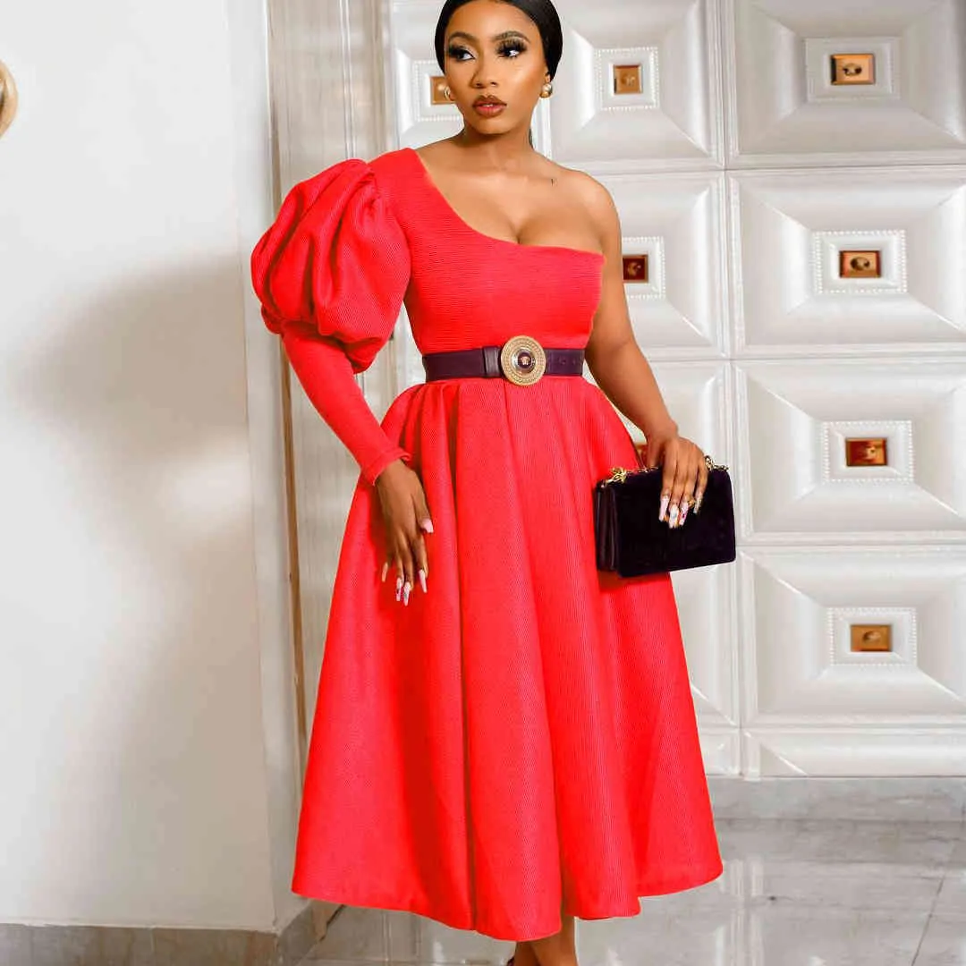 Women Summer Dress Sexy Bodycon Dress Puff Sleeves One Shoulder Pink Plus Size Elegant Prom Wedding Evening Party Dress 210422