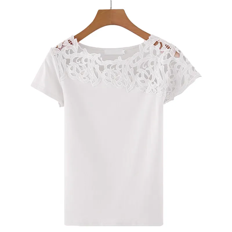 Дизайн Белая футболка Женщины Пустоты Кружева Дамы Летние Лучшие Корейские Женщины Одежда Сплошной Цвет Коротким Рукавом Случайные XS