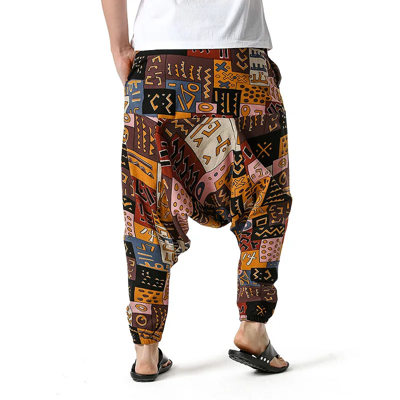 Męskie Kobiet Bawełniane Afryki Drukowane Spodnie Haremowe Drop Drop Crotch Spodnie Hip Harajuku Genie Boho Spodnie Joggers Spodnie dresowe 210522