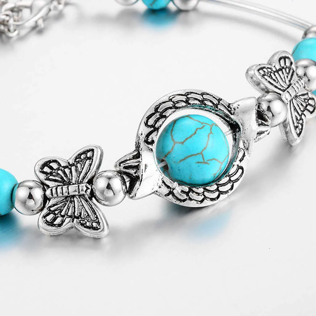 1 st Ny Boho Butterfly Hängsmycke Vintage Turquoes Armband För Kvinnor Män Hängsmycke Charm Armband Bangle Mode Smycken Q0719