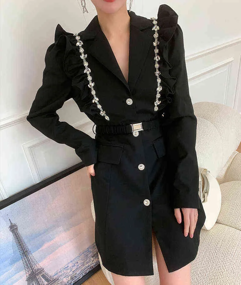 Vestidos de mujer informales de diamantes de retazos negros de pasarela 2021 Mini vestido de cintura fruncida de manga larga con muescas 2021 moda nueva Y1204