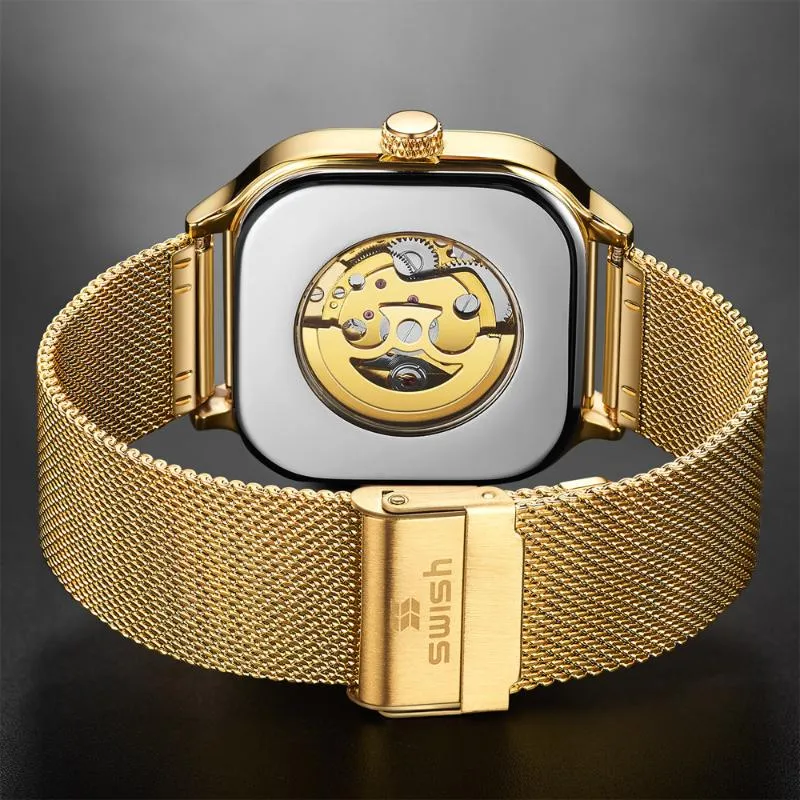 Luxury Golden Automatic Relogio Masculino Top Brand Design Quartz Wristwatch Fashion Square Hollow Steel Mechanical Watches Men Wristwa 2807