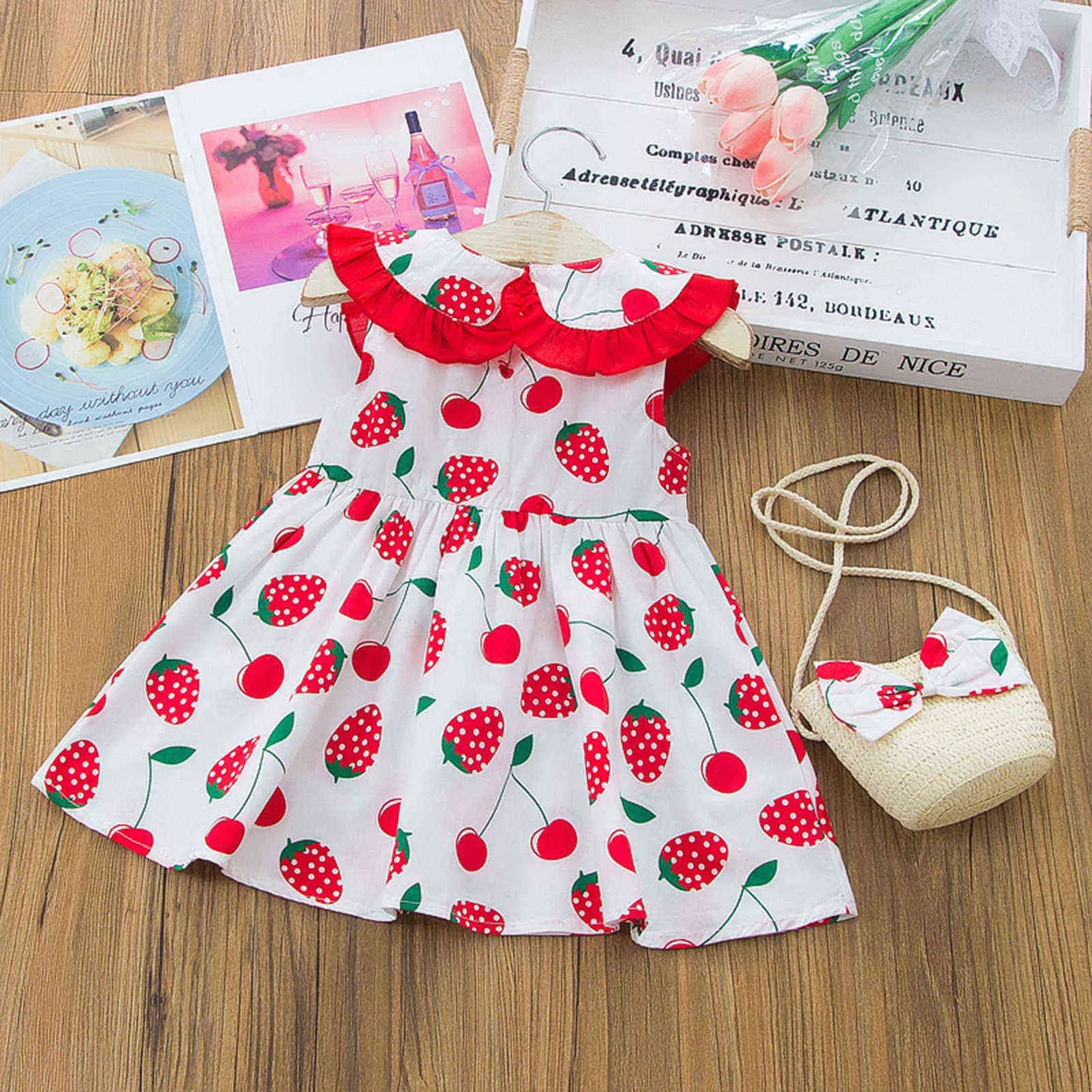 Mädchen Kurzarm Erdbeere Obst Druck Kleid Kleinkind Kinder Baby Mädchen Casual Erdbeere Druck Kleid Prinzessin Tasche Set Outfits Q0716