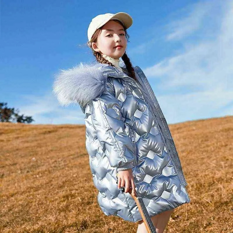 Ryssland Fashion Girls Winter Water Proof Coat Fur Hooded Parkas Barnförtjockning Varm Bright Down Polded Jacket för 12 Outwear 211027