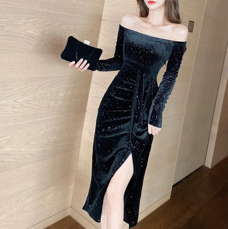 Kimutomo Elegant Black Dress Women Sexy Off Shoulder Slash Neck Split Long Sleeve Velvet Party Dress Spring Korea Chic 210521