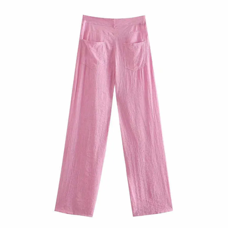 트래프 ZA 2021 핑크 바지 여성 넓은 다리 바지 여자 느슨한 높은 허리 여성 바지 여름 패션 와이드 스트리트웨어 바지 Q0801