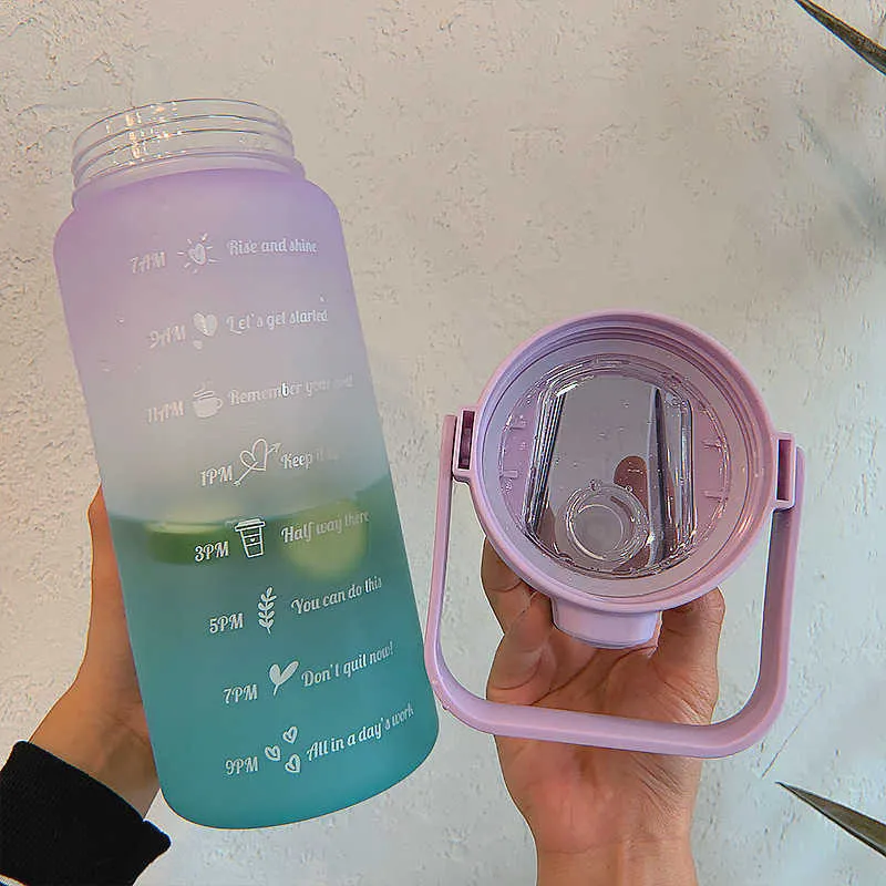 2 Liter Large Capacity Free Motivational With Time Marker Fitness Jugs Gradient Color Plastic Cups Outdoor Frosted Water Bottle 211013
