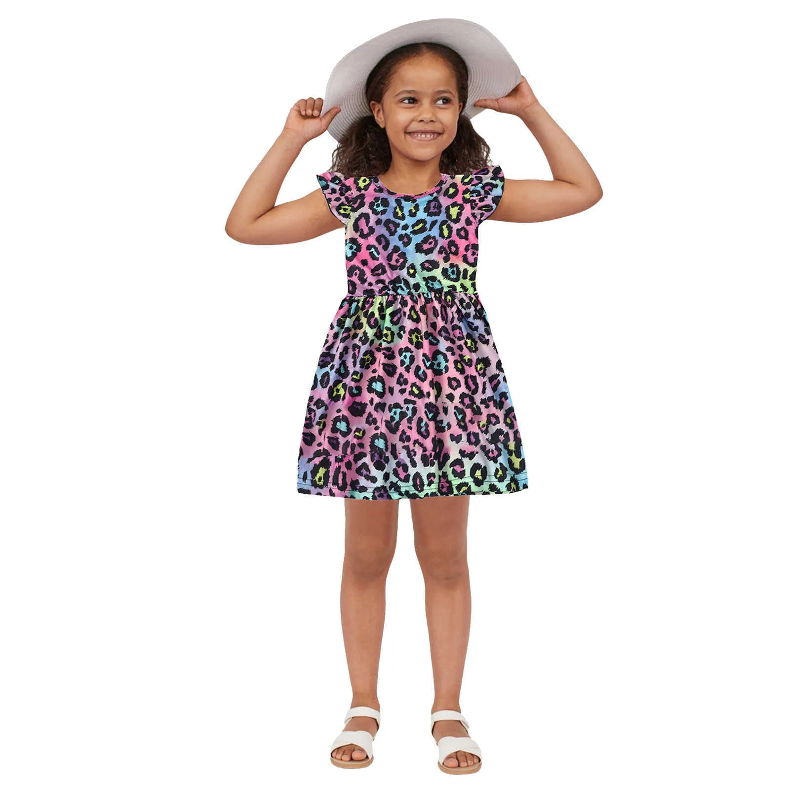 Toddler Baby Girls Princess Dress Fly Sleeve Leopard Tie-Dyed Imprimé Casual Wear Enfants Vêtements D'été Robes De Soirée Vêtements Q0716