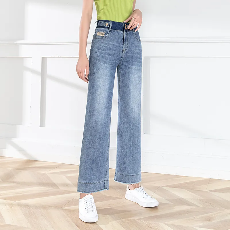 Mode All-Match Wide Leg Silm Taille Denim Pantalon Élégant Office Lady Plus Taille Jeans Femmes Printemps Casual Soft Bottoms 210525