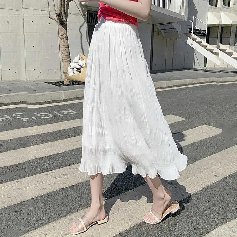 Femmes solide à volants maille français élégant Chic printemps décontracté Simple jupe longue blanc Harajuku tout match noir jupes plissées 210619